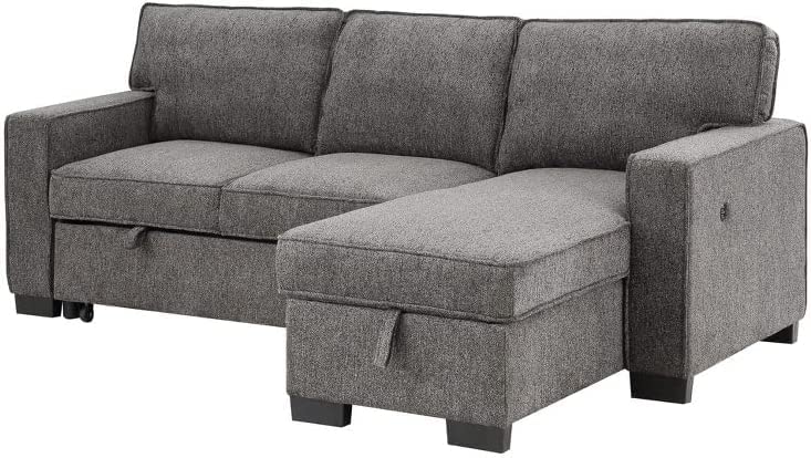 Estelle Dark Gray Fabric Reversible Sleeper Sectional with Storage Chaise Drop-Down Table 2 Cup Holders and 2 USB Ports