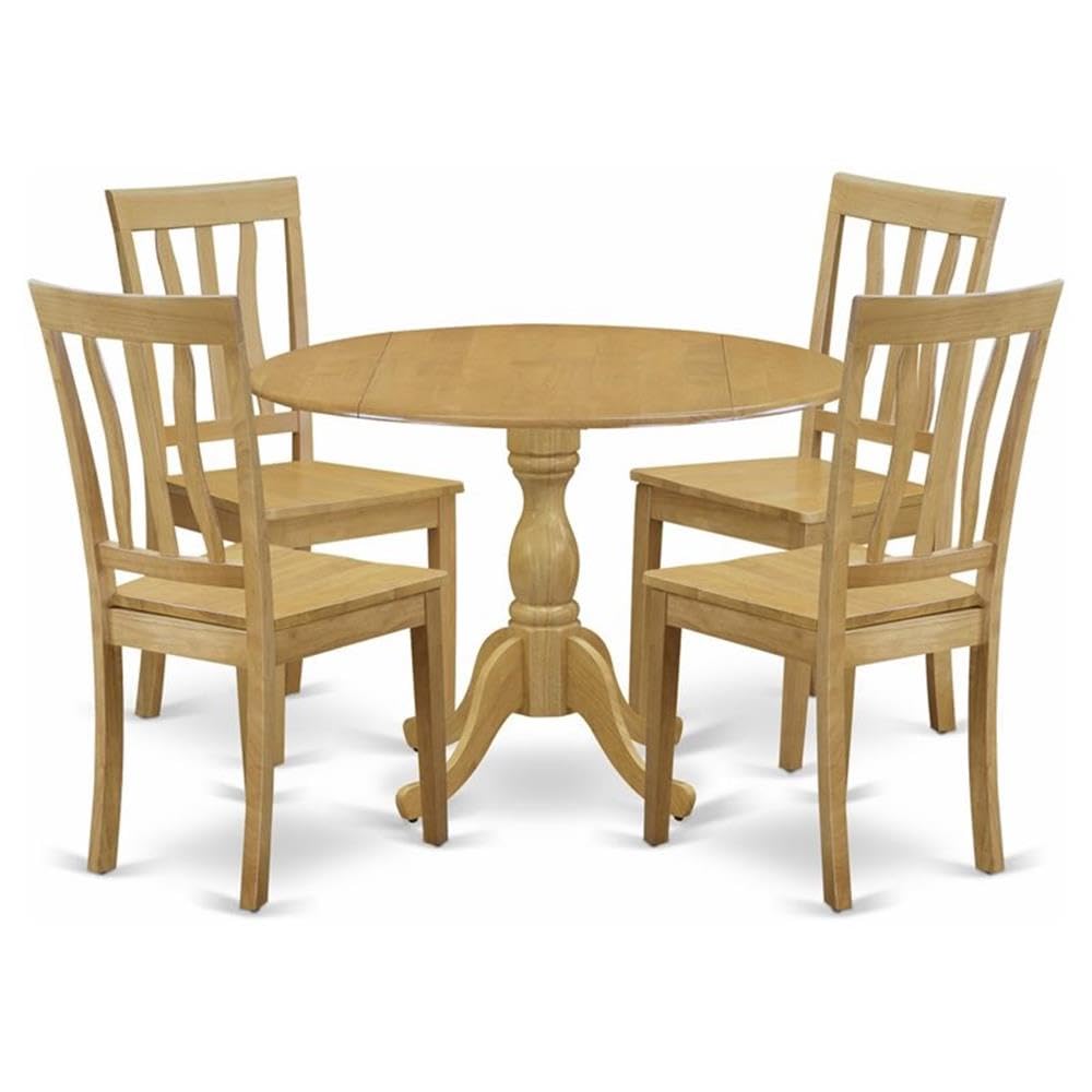 East West Furniture DMAN5-OAK-W 5 Piece Dining Room Table Set Includes a Round Kitchen Table with Dropleaf and 4 Dining Chairs, 