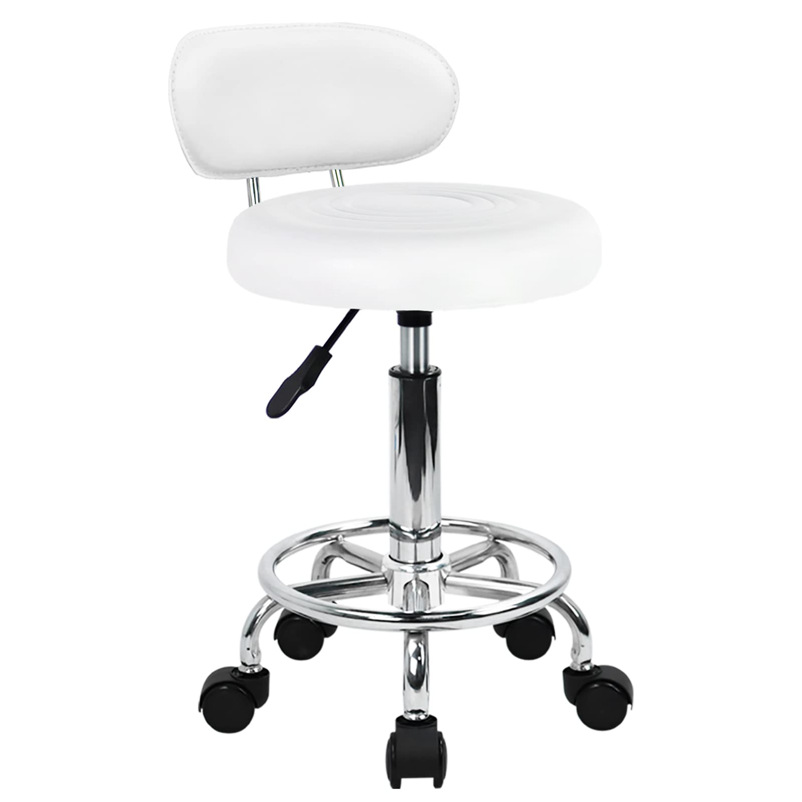 KKTONER PU Leather Modern Rolling Stool with Low Back Height Adjustable Work Salon Drafting Swivel Task Chair with Footrest (Whi