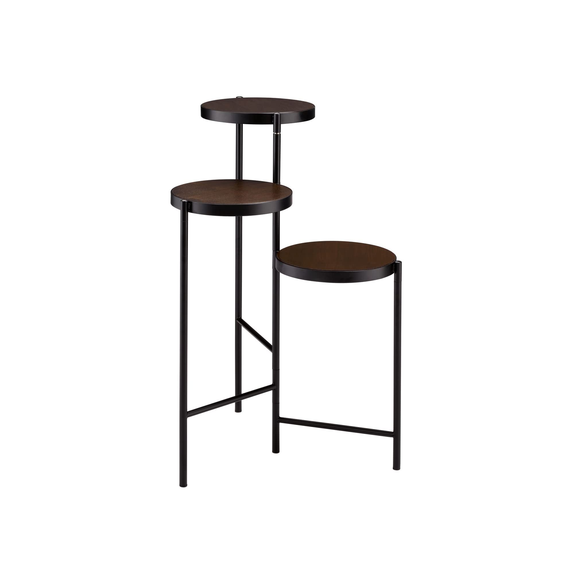 Benjara palnt 3 Tier Plant Stand with Round Wooden Shelves and Foldable Design, Black