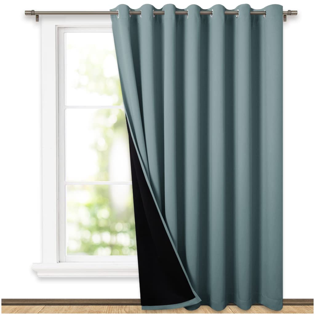 NICETOWN Greyish Blue 100% Blackout Room Divider Celling Curtains for Patio Door, Super Heavy-Duty Thermal Backing Sliding Door 