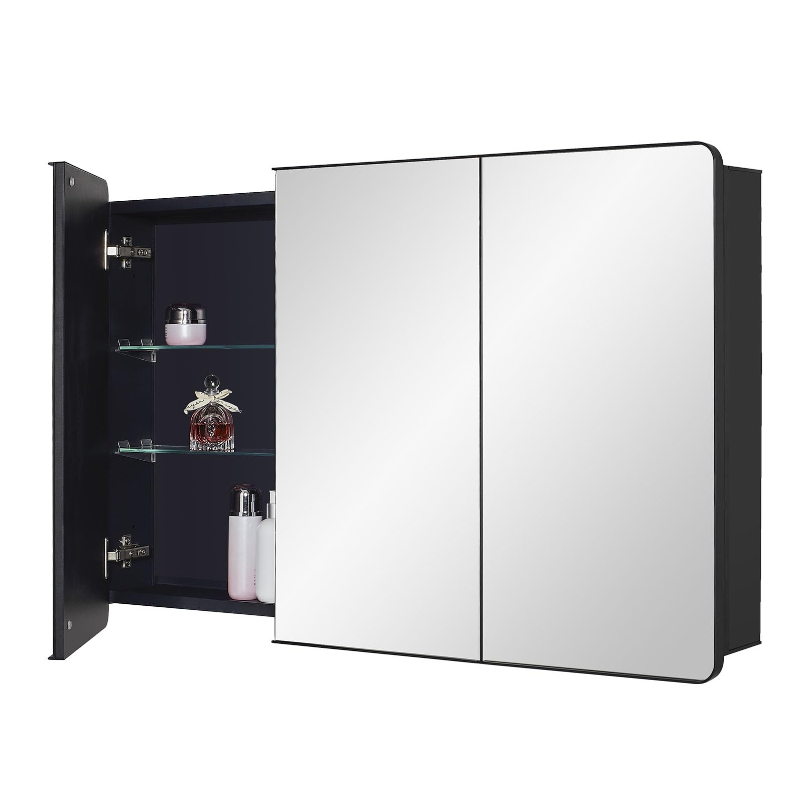 IDYLLOR Black Bathroom Medicine Cabinet with Round Corner Framed Door, 40 x 25.5 inch, Recessed or Surface Mount, with Adjustabl