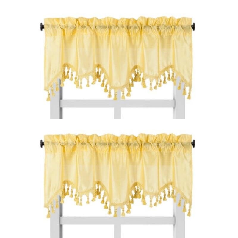 Solid Faux Silk Swag Waterfall Cascade Ascot Window Curtain Valance w/Tassels Trim 55  x18  Wave (2, Yellow)