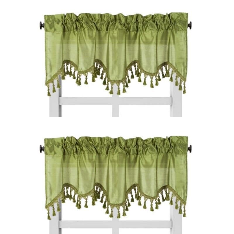 Solid Faux Silk Swag Waterfall Cascade Ascot Window Curtain Valance w/Tassels Trim 55  x18  Wave (2, Lime Green)