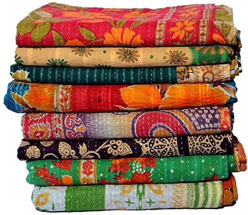 Gajanad Artistry 5 Piece Set Handmade Indian Vintage Kantha Quilts Reversible Bohemian Home Decor Blanket Bed Sheet Quilt for Sa