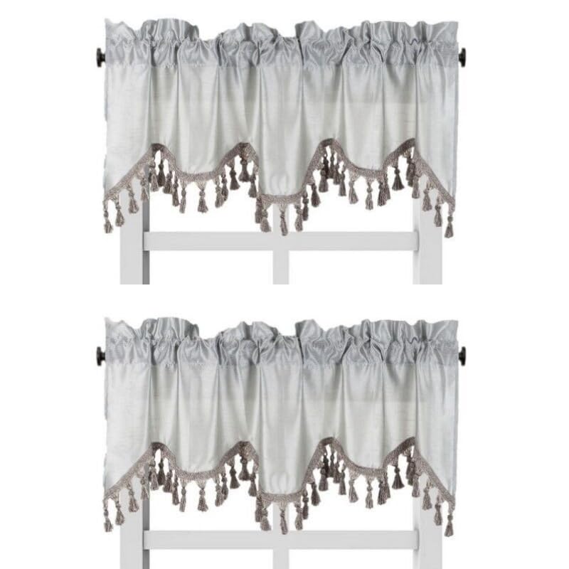 Solid Faux Silk Swag Waterfall Cascade Ascot Window Curtain Valance w/Tassels Trim 55  x18  Wave (2, Silver Gray)
