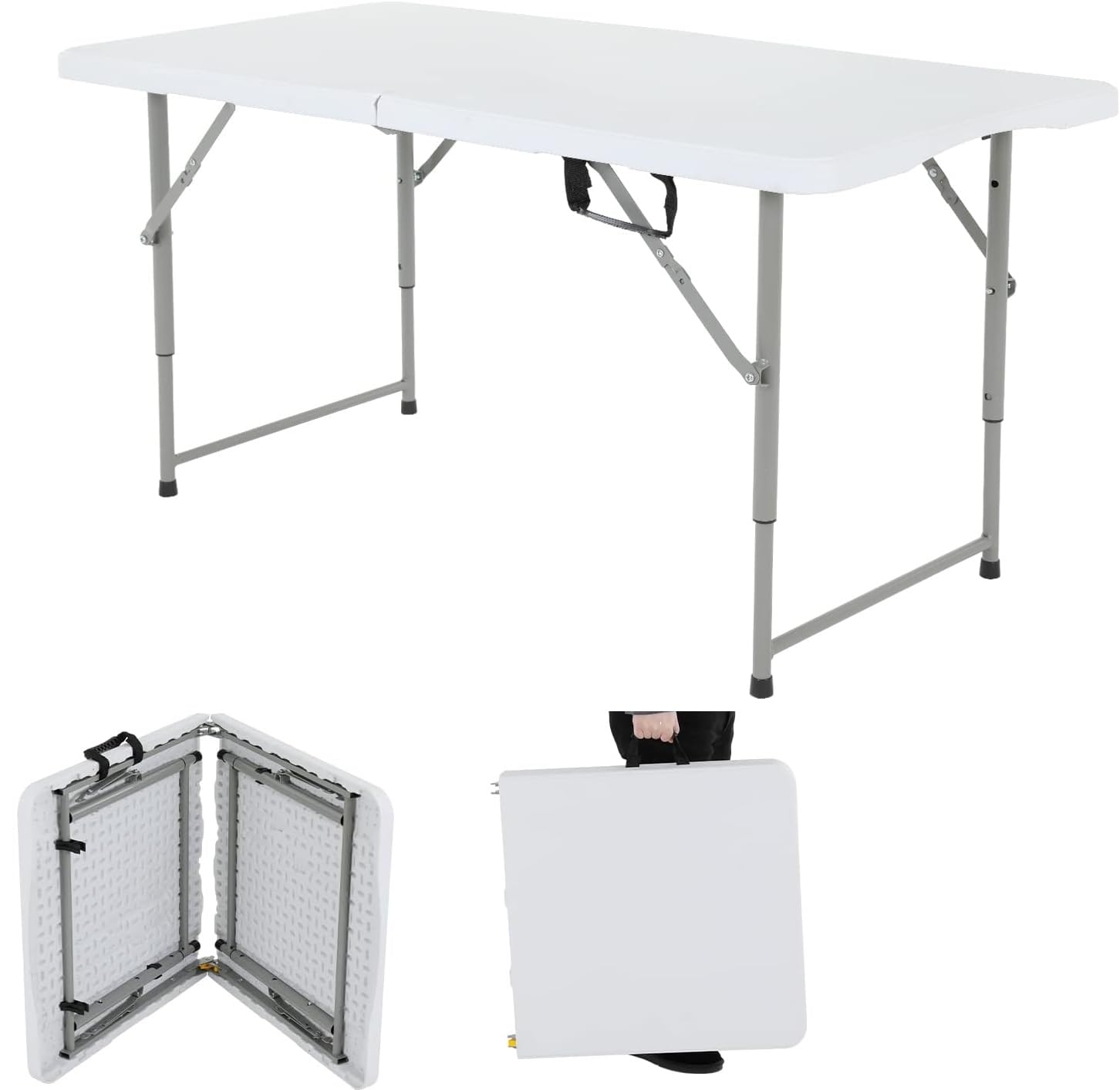 Dkelincs Folding Table 4 Foot Portable Picnic Table Plastic Folding Table Adjustable Height Heavy Duty Fold in Half with Handle 