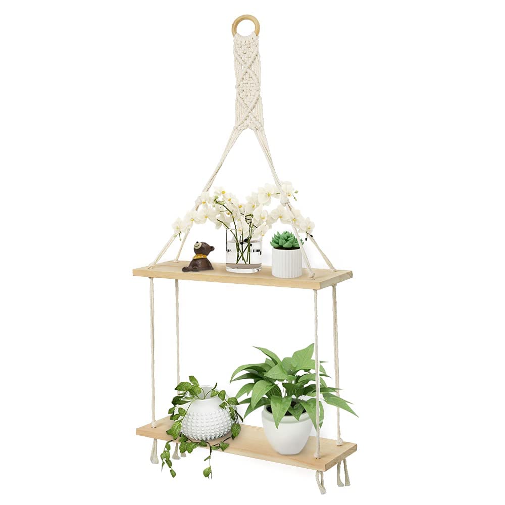 Afuly Macrame Hanging Shelves Wall Floating Shelf Natural Wood Chic Boho Decor 2 Tiers Pine Wood Cotton Rope Beige for Bedroom B