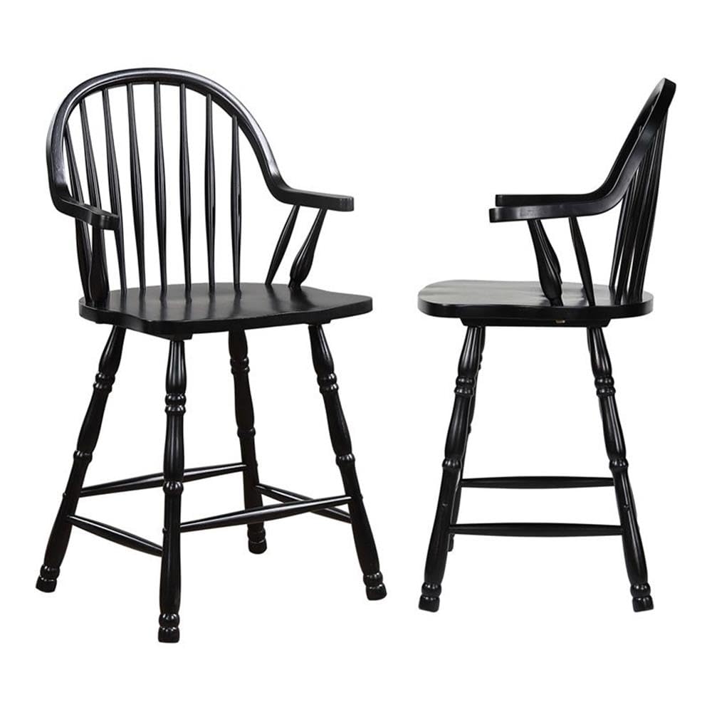 Sunset Trading 24 Windsor Wood Barstools with Arms in Antique Black (Set of 2)