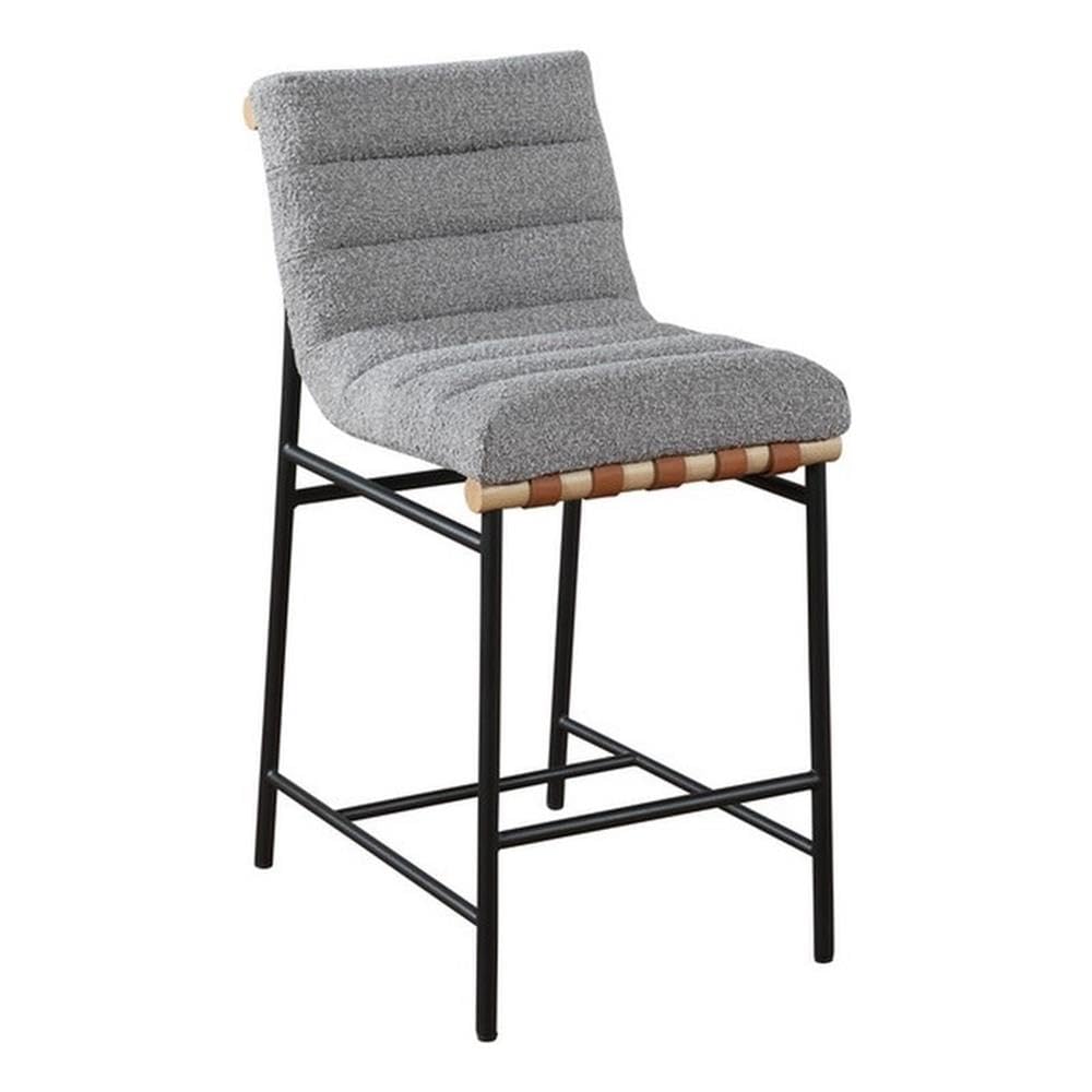 Lilola Home Lahni 18 W Gray Boucle Fabric Counter Height Chair - Contemporary Upholstered Bar Stool with Cognac PU Leather Detai