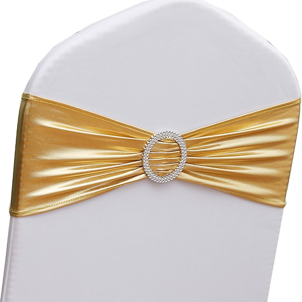Gankar 100 pcs Spandex Metallic Gold Chair Sashes for Wedding Reception, Stretch Chair Bands Bows for Party Banquet Theme Event 
