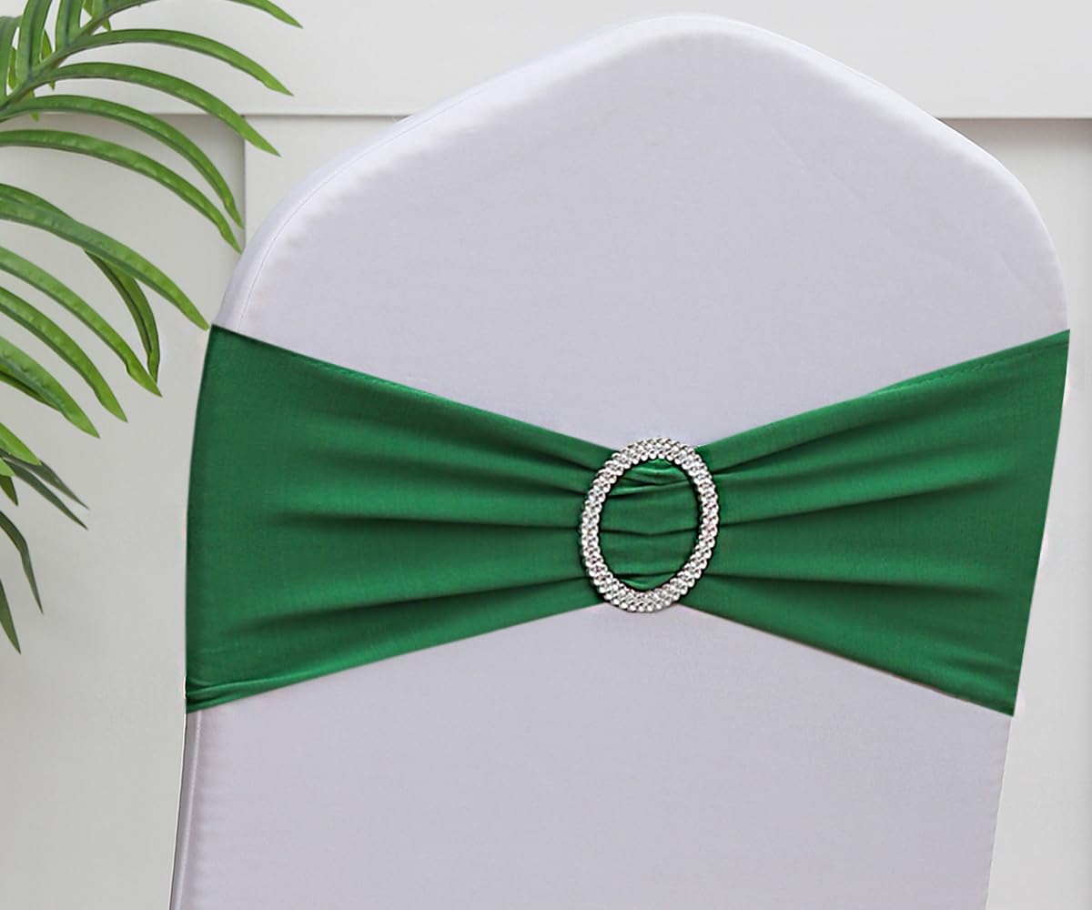 Gankar 50pcs Stretch Spandex Chair Sashes for Wedding Chair Bands with Buckles, Dark Green Chair Bows for Party Banquet Theme Ev