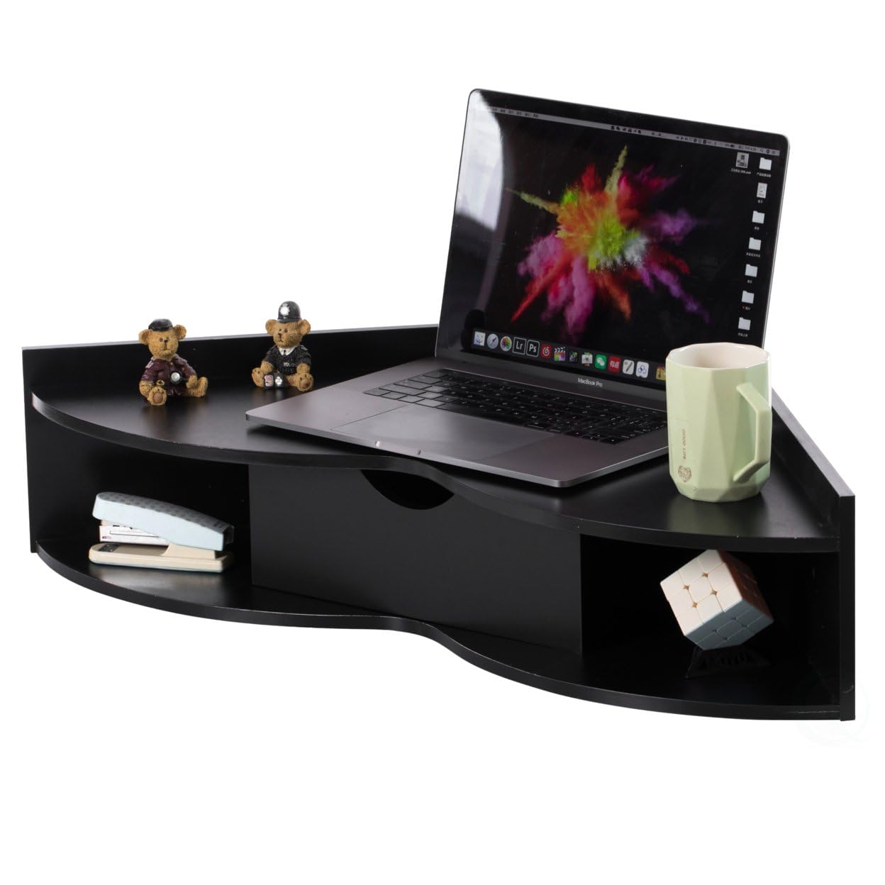 Basicwise Brown Corner Heart Shaped Wall Mounted Office Table with Drawer and Two Shelves Computer Writing Desk, Black