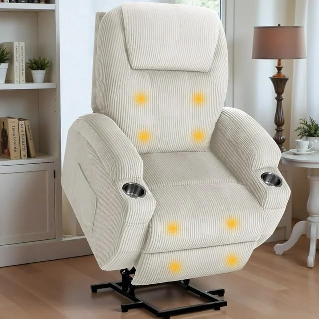 Electric Power Lift Recliner Chair with Massage for Elderly Corduroy Fabric Recliner Single Sofa with Cup Holders, Side Pockets 