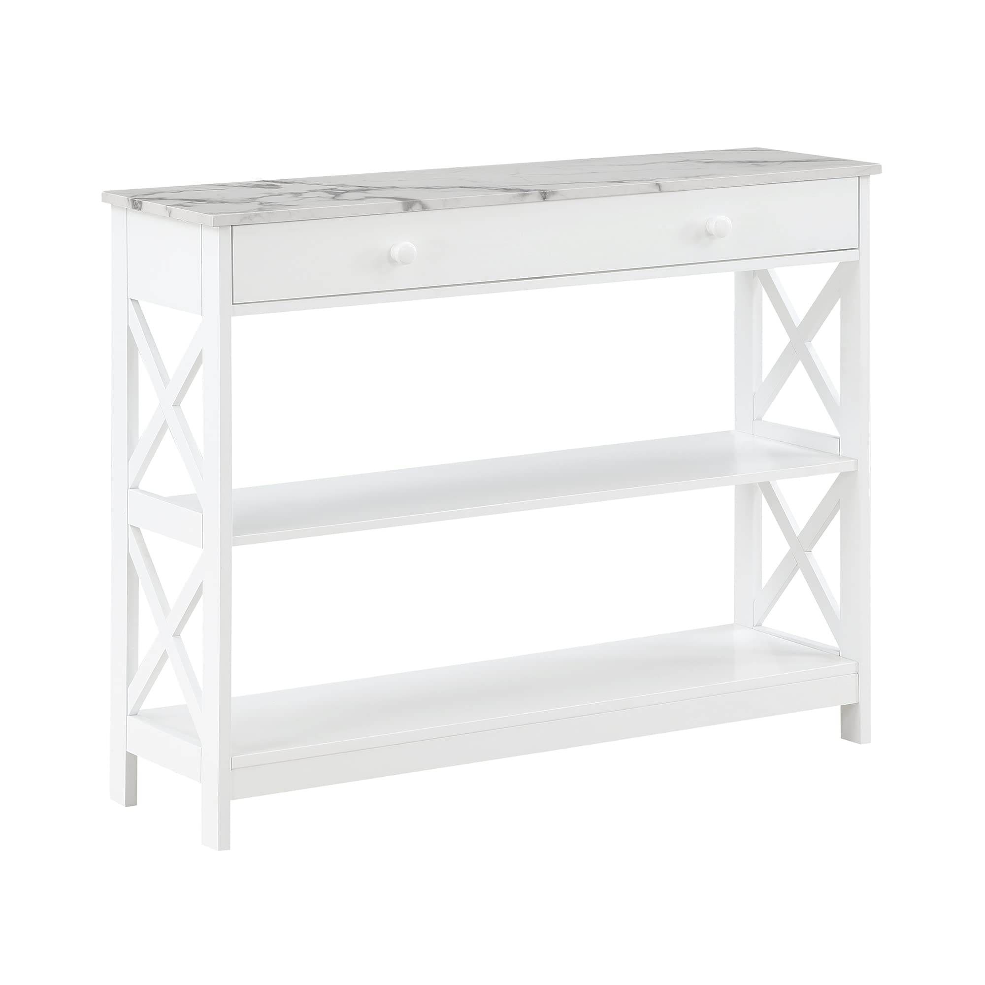 Convenience Concepts Oxford 1 Drawer Console Table with Shelves, White Faux Marble/White