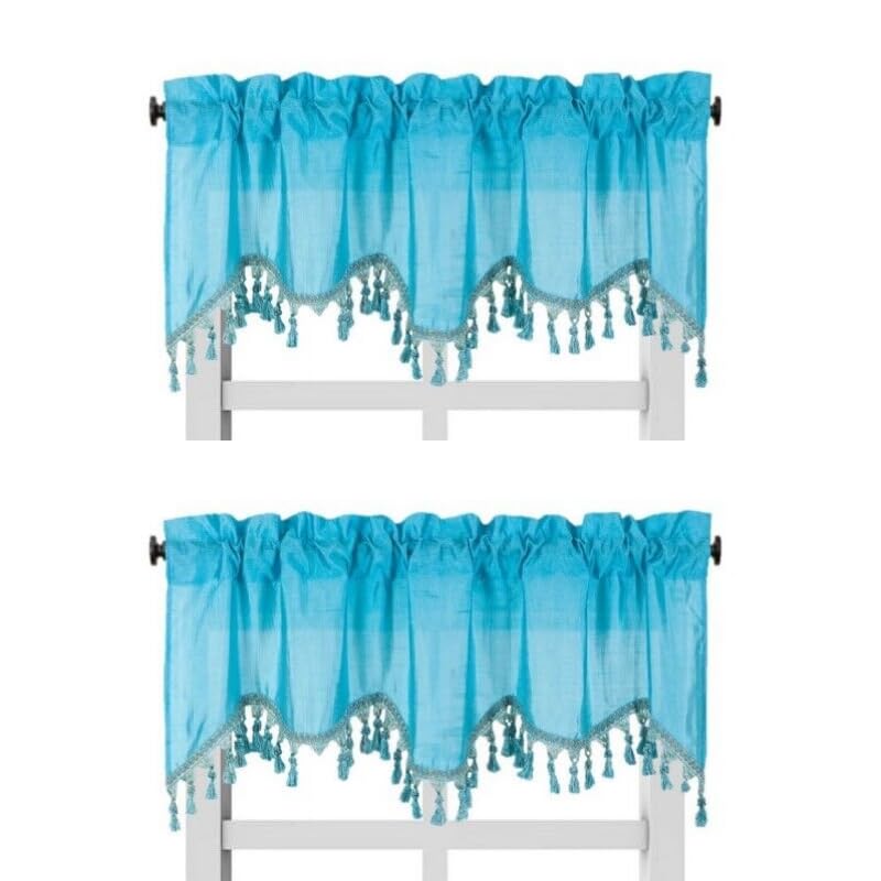 Solid Faux Silk Swag Waterfall Cascade Ascot Window Curtain Valance w/Tassels Trim 55  x18  Wave (2, Turquoise Blue)