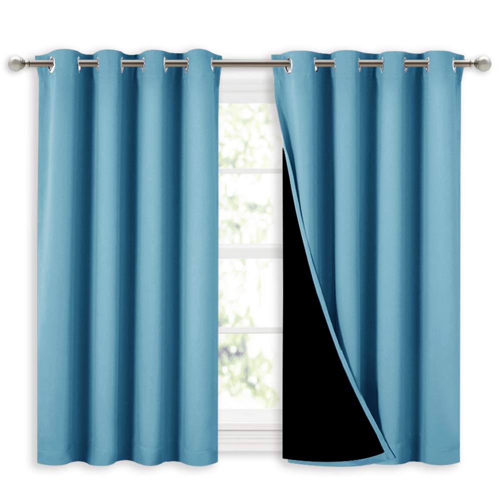 NICETOWN 100% Blackout Short Curtains with Black Liners, Thermal Insulated Full Blackout Lined Drapes, Energy Efficiency Window 