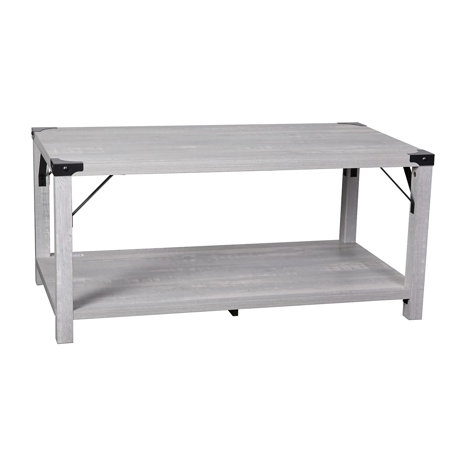 Flash Furniture Wyatt Modern Farmhouse 2 Tier Coffee Table - Aspen Gray Engineered Wood Frame - Black Metal Crisscross Side Brac