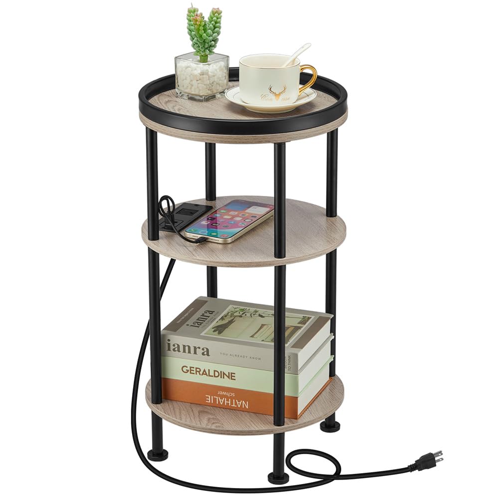 Small Round Side Table with Charging Station for Small Spaces, 3-Tier Round Accent Table with 2 USB Ports & Power Outlets, Round
