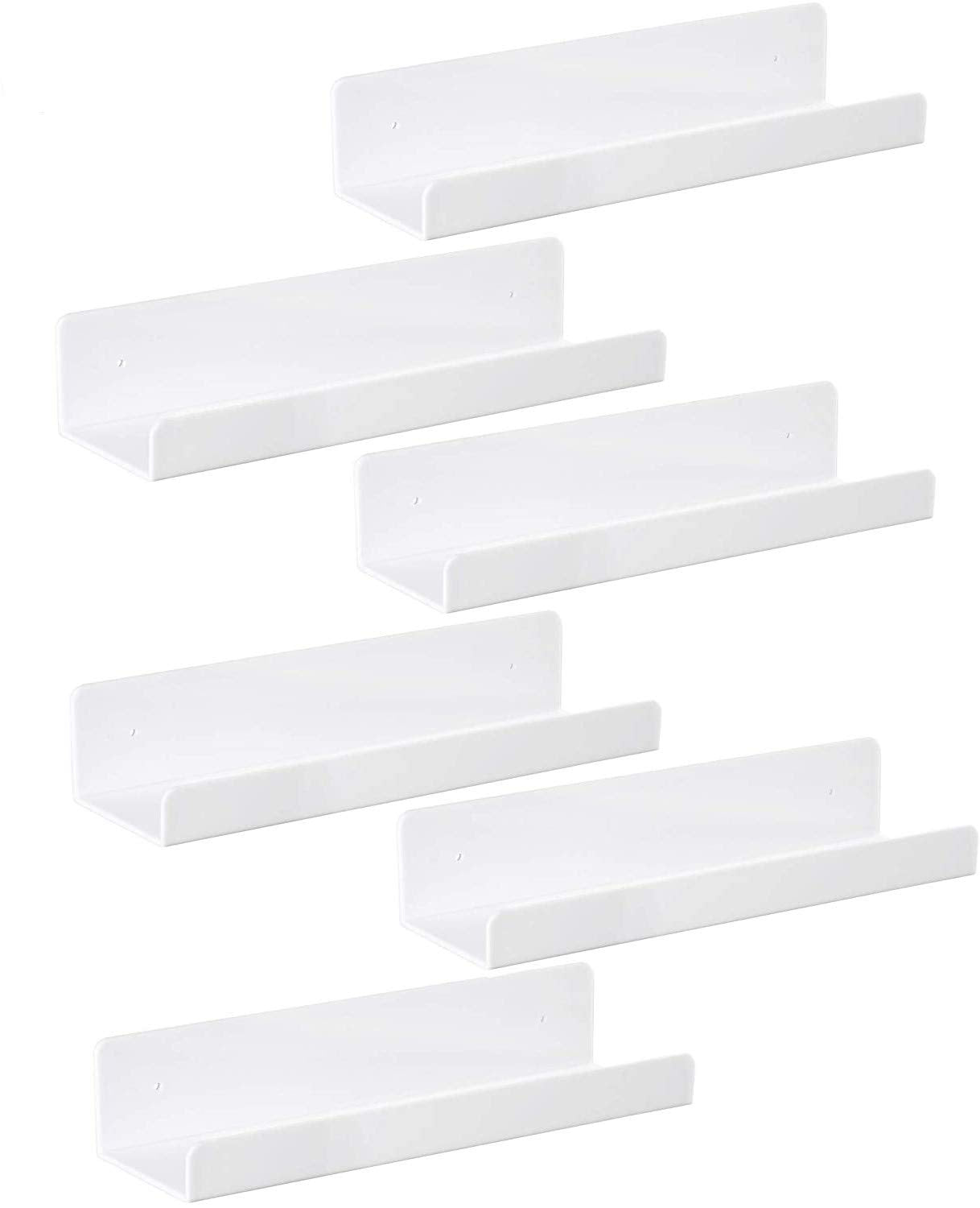 IEEK 6 PCS White Acrylic Floating Shelves Display Ledge,Wall Mounted Nursery Kids Bookshelf,15 Inch Bathroom Wall Shelf and Stor