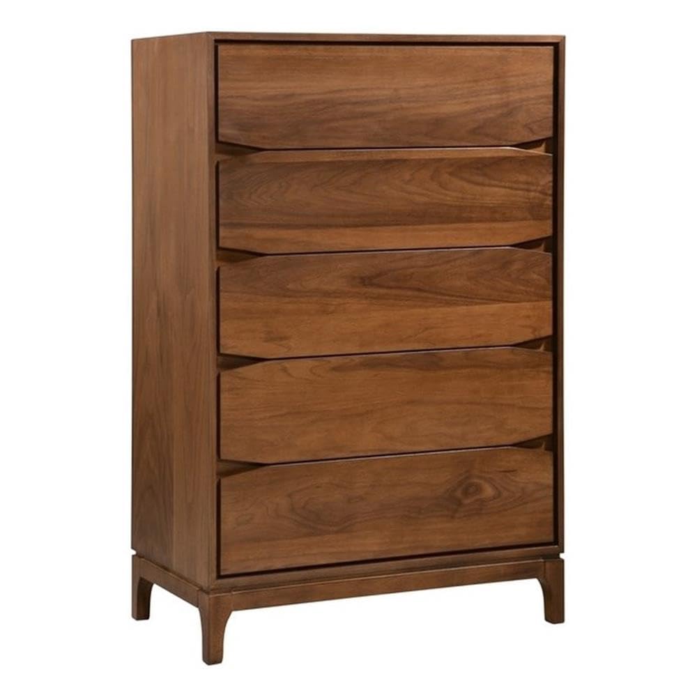 New Spec Monte Rosa Mid Century 5 Drawer Wood Chest in Walnut