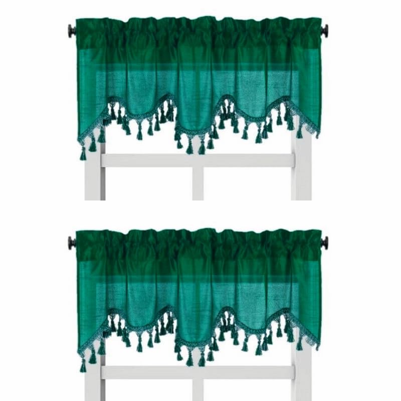 Solid Faux Silk Swag Waterfall Cascade Ascot Window Curtain Valance w/Tassels Trim 55  x18  Wave (2, Hunter Green)
