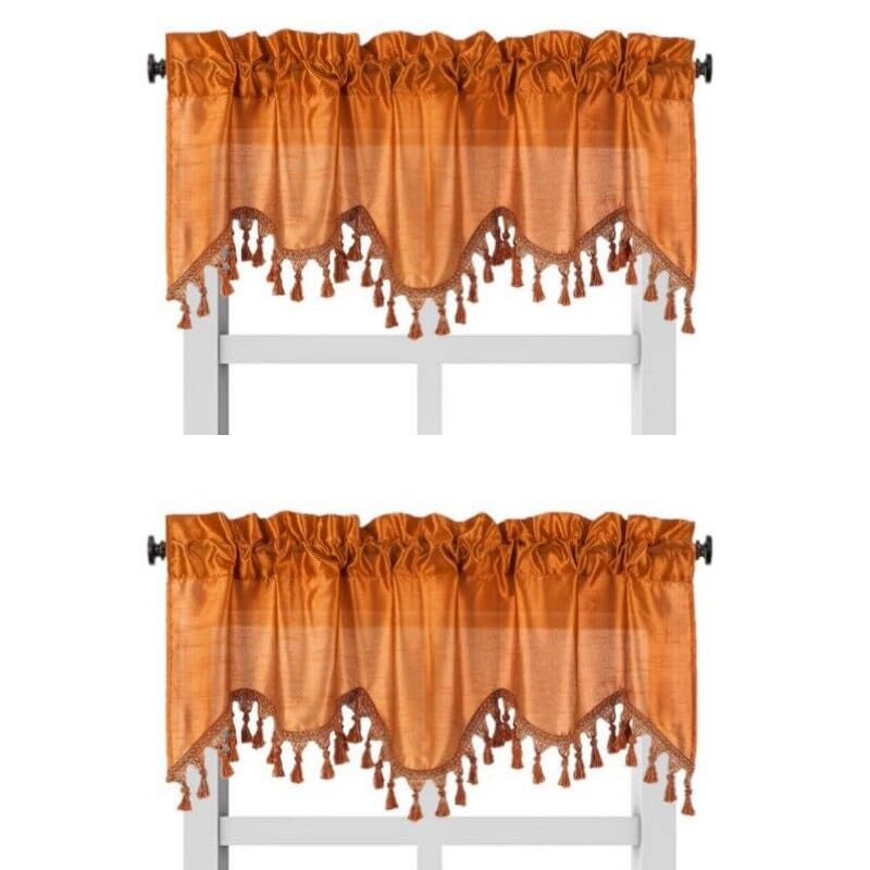 Solid Faux Silk Swag Waterfall Cascade Ascot Window Curtain Valance w/Tassels Trim 55  x18  Wave (2, Orange)