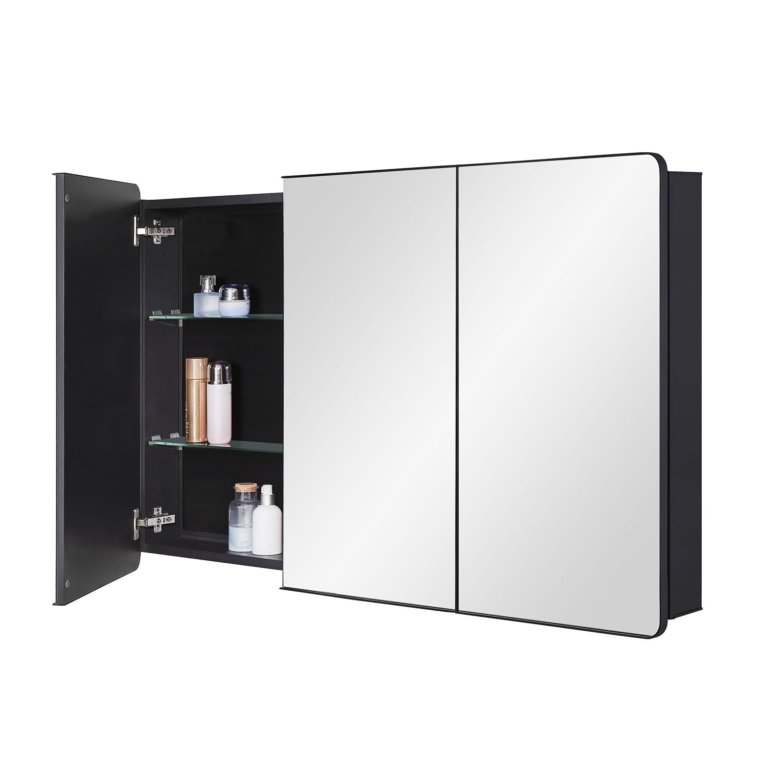 IDYLLOR Bathroom Mirror Medicine Cabinet with Round Corner Framed Door 48 x 30 inch, Black,Recessed or Surface Mount, with Adjus
