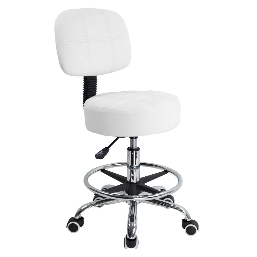KKTONER Swivel Round Rolling Stool PU Leather with Adjustable Foot Rest Height Adjustable Task Work Drafting Chair with Back(Whi