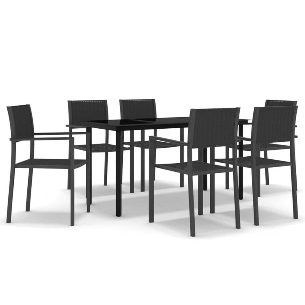 vidaXL 7-Piece Outdoor Garden Dining Set - Powder-Coated Steel Frame - Plastic Chairs with Black Rattan Look Design - Black Rect