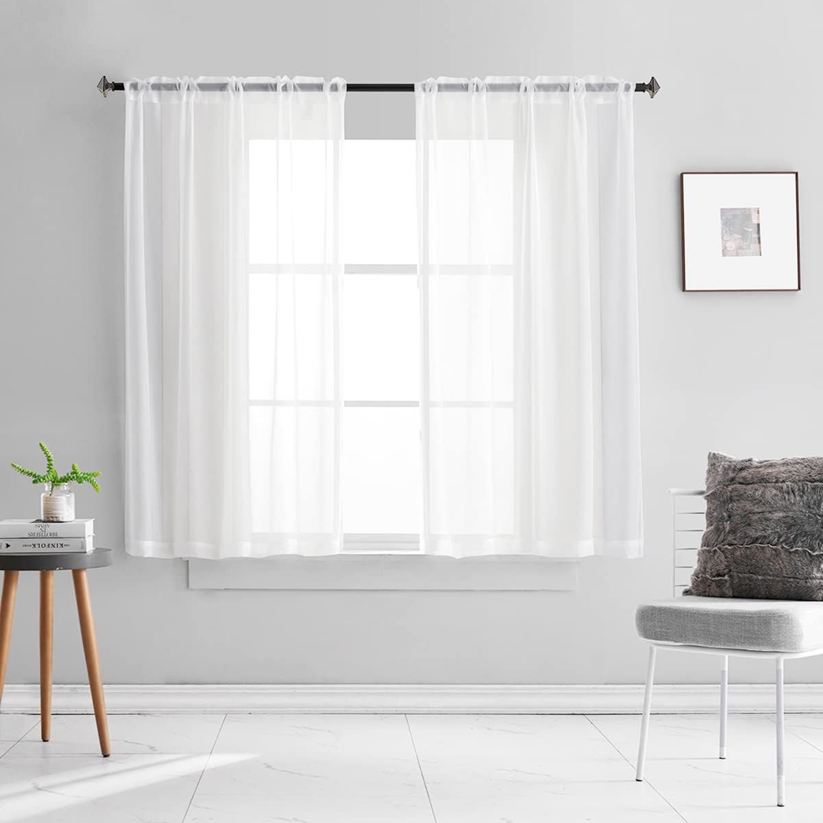 TOAVA DECO White Sheer Curtains 63 Inch Length 2 Panels Rod Pocket Translucent Voile Solid Color Window Treatment White Sheer Cu