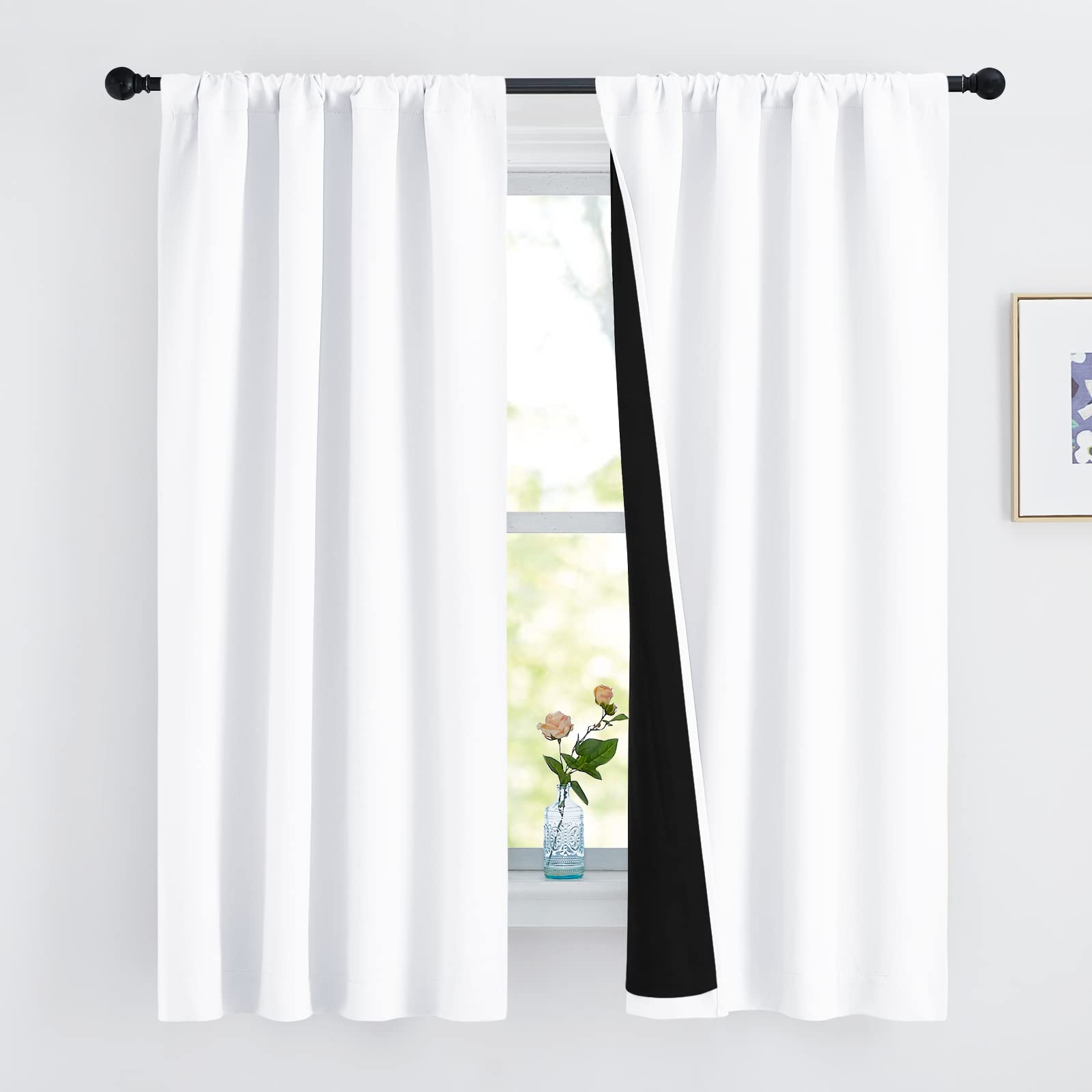 NICETOWN White 100% Blackout Lined Curtains, 2 Thick Layers Completely Blackout Rod Pocket Thermal Insulated Drapes for Kitchen/