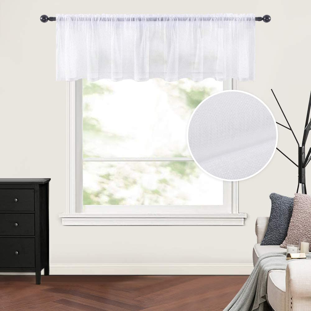 MIULEE Solid White Kitchen Sheer Valance Linen Look Window Curtain,Living Room Windows Voile Valance Rod Pocket 1 Panels (54 W x