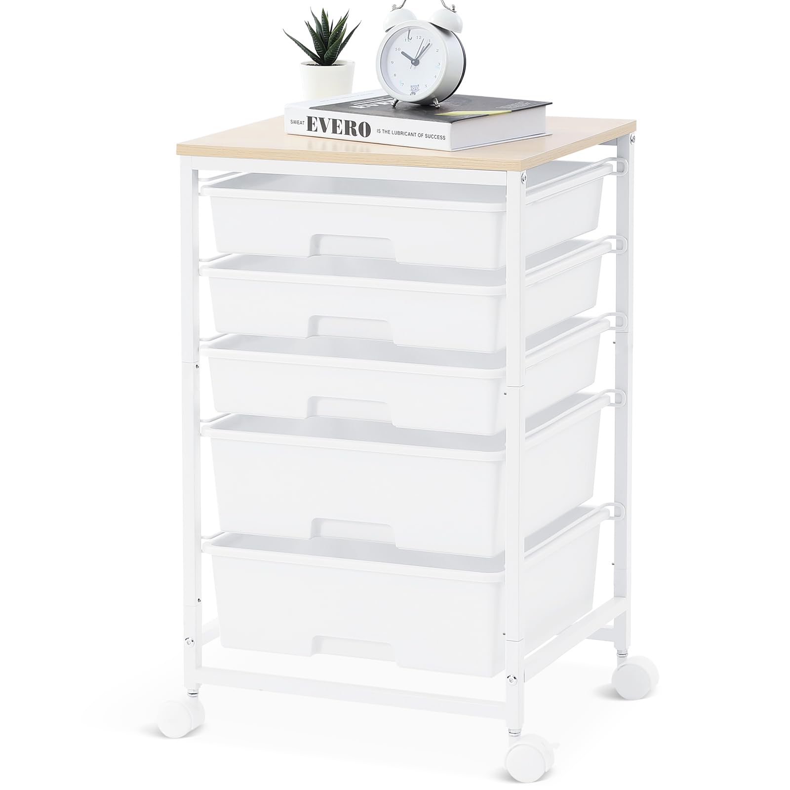 SYKIARIOL Utility Cart with 5 Drawers,Storage Drawer Cart with Wooden Tabletop and Lockable Wheels,Craft Storage Trolley Cart,5-