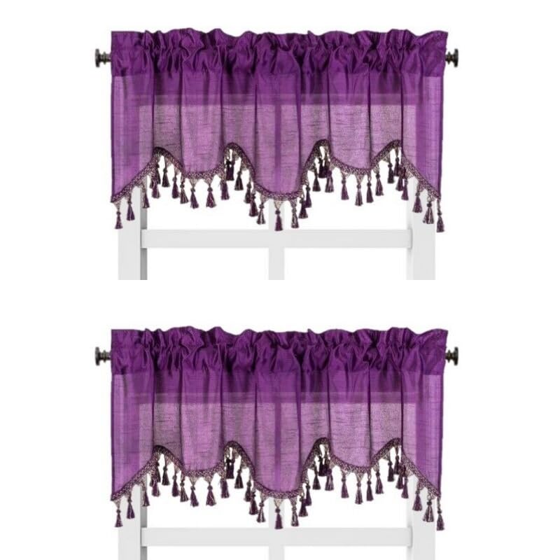 Solid Faux Silk Swag Waterfall Cascade Ascot Window Curtain Valance w/Tassels Trim 55  x18  Wave (2, Purple)