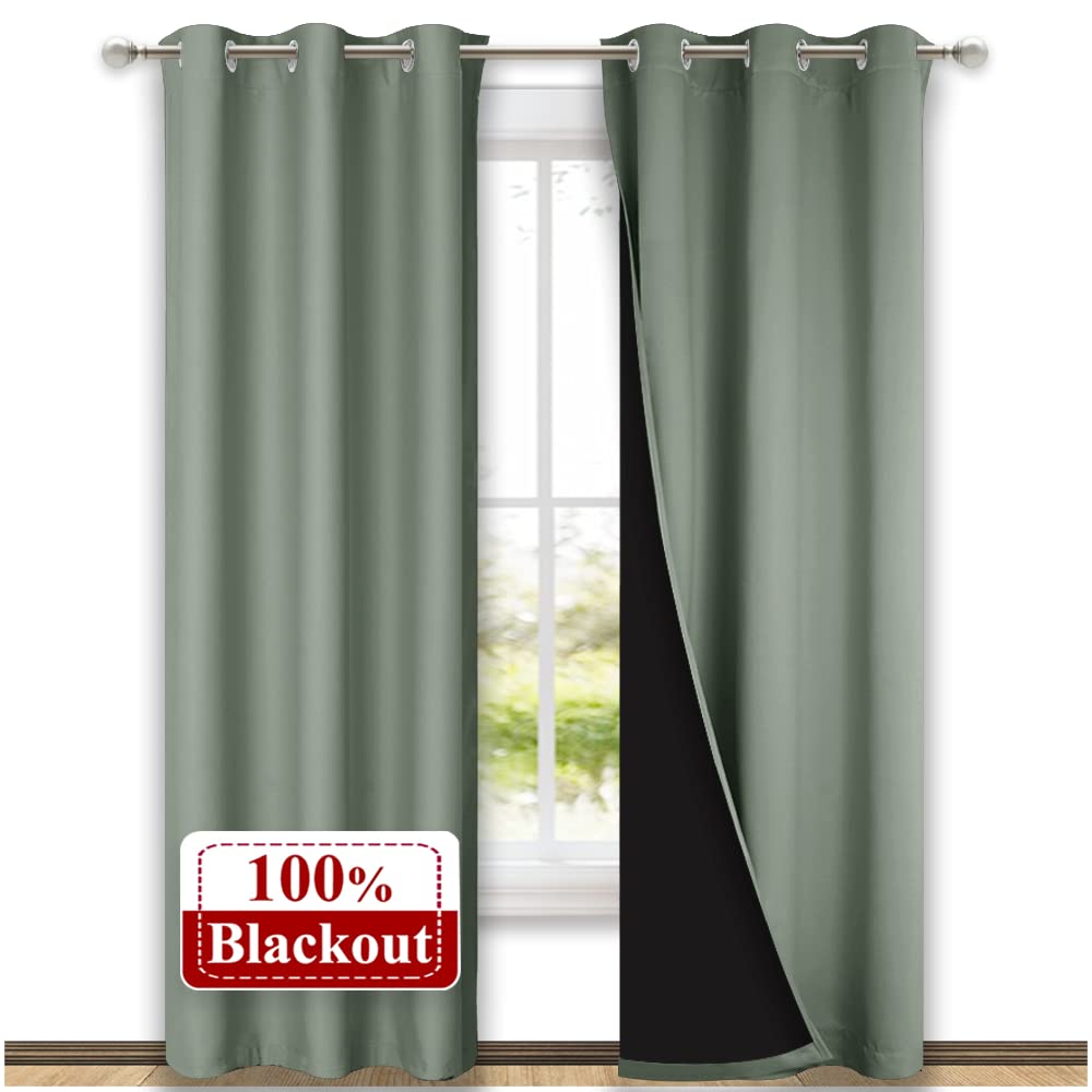 NICETOWN Greyish Green Blackout Curtains 84 inches Long, Full Light Blocking Drapes with Black Liner for Nursery, Thermal Insula