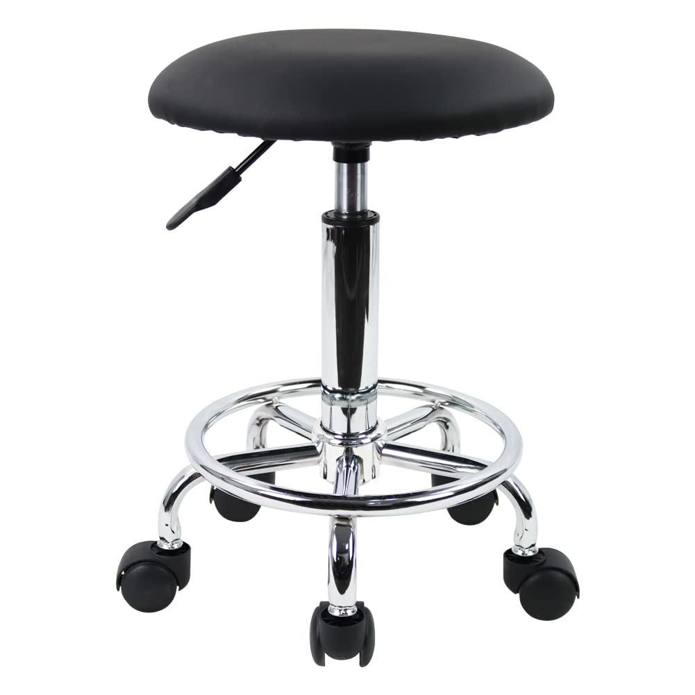 KKTONER Swivel Rolling Stool with Footrest Height Adjustable PU Leather Salon Vanity Spa Massage Office Stool Chair Small (Black