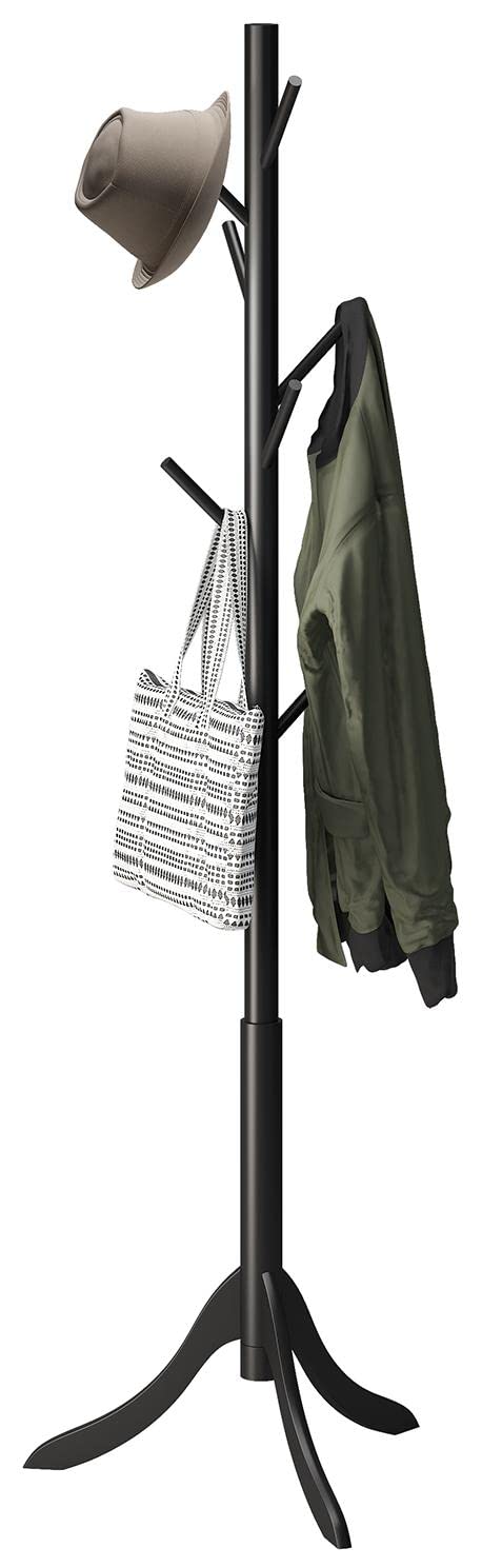 kiplant Black Coat Rack Stand, Bamboo Wood Freestanding Coat Tree with 8 Hooks, Hallway Entryway Hat Hanger Organizer Standing f