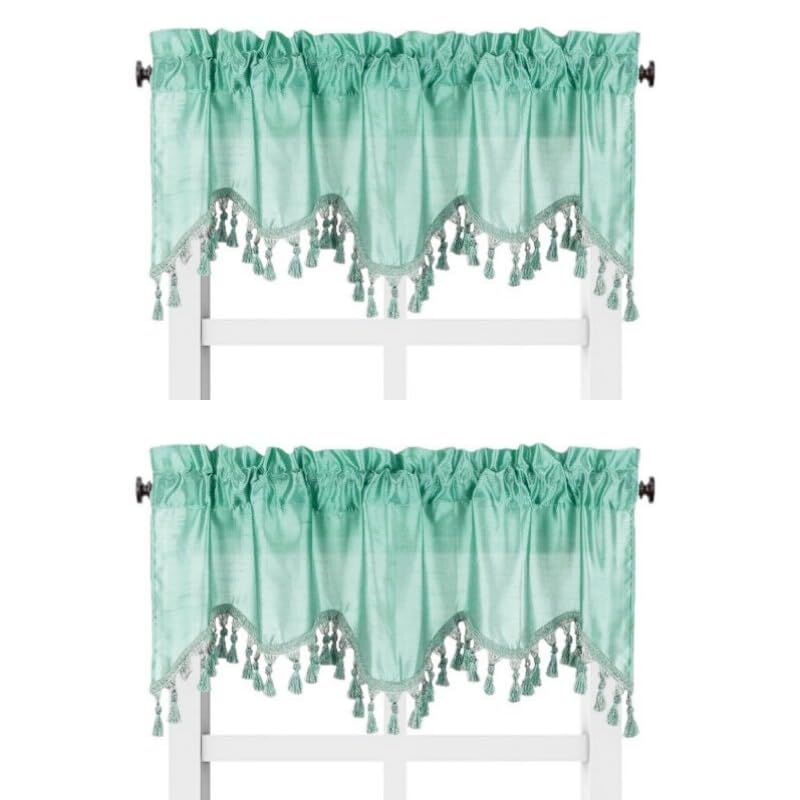 Solid Faux Silk Swag Waterfall Cascade Ascot Window Curtain Valance w/Tassels Trim 55  x18  Wave (2, Mint Green)
