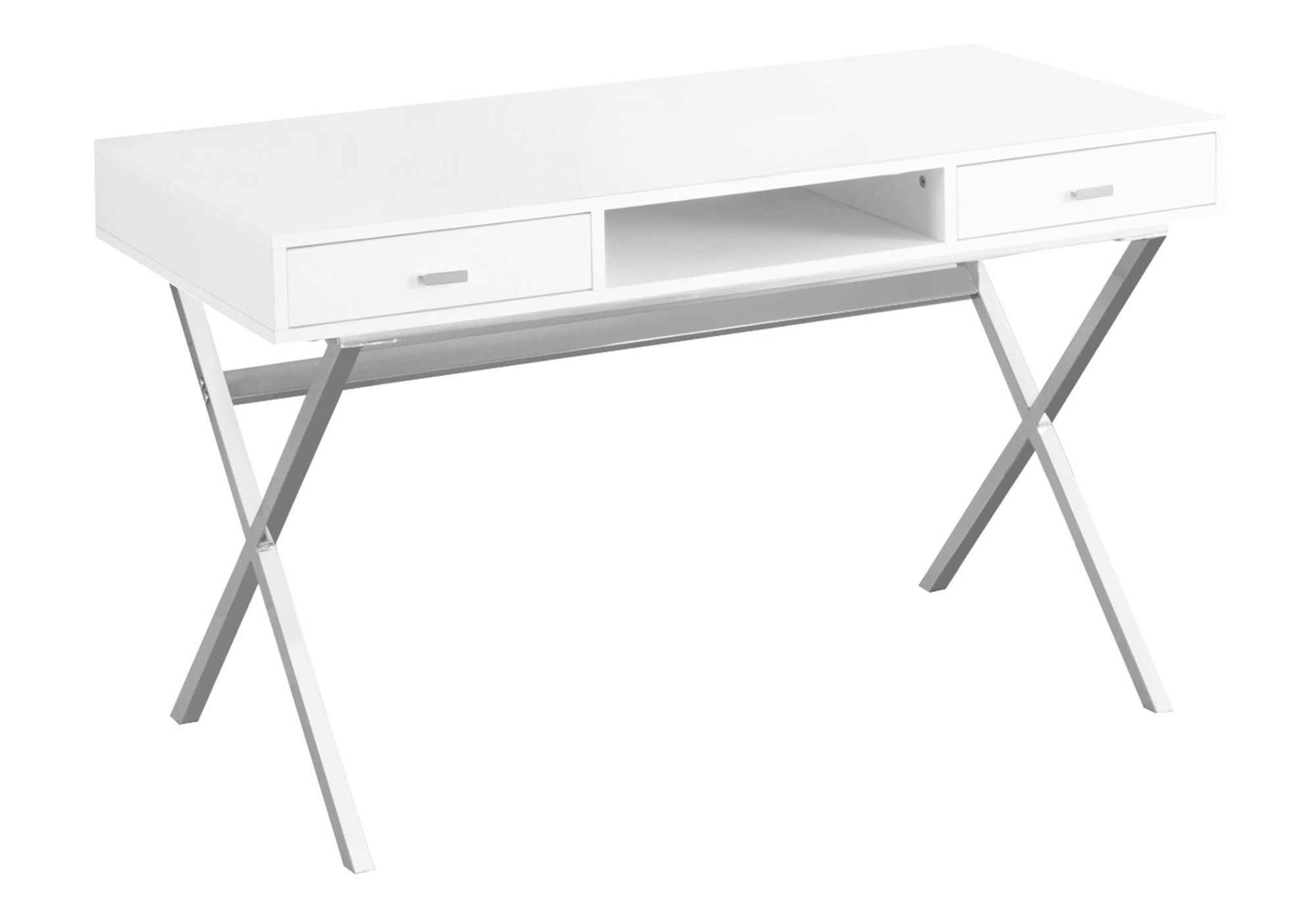 Monarch Specialties Laptop Table with Drawers and Open Shelf Computer, Writing Desk, Metal Sturdy Legs, 48 L, Glossy White