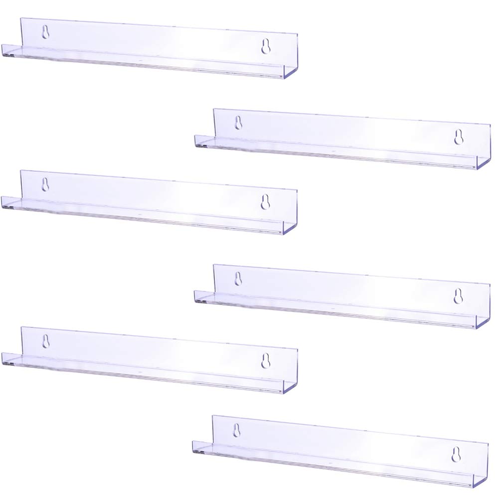 Sooyee 6 Pack 15 Inch Acrylic Invisible Kids Floating Bookshelf for Kids Room,Modern Picture Ledge Display Toy Storage Wall Shel