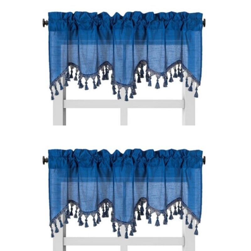 Solid Faux Silk Swag Waterfall Cascade Ascot Window Curtain Valance w/Tassels Trim 55  x18  Wave (2, Royal Blue)