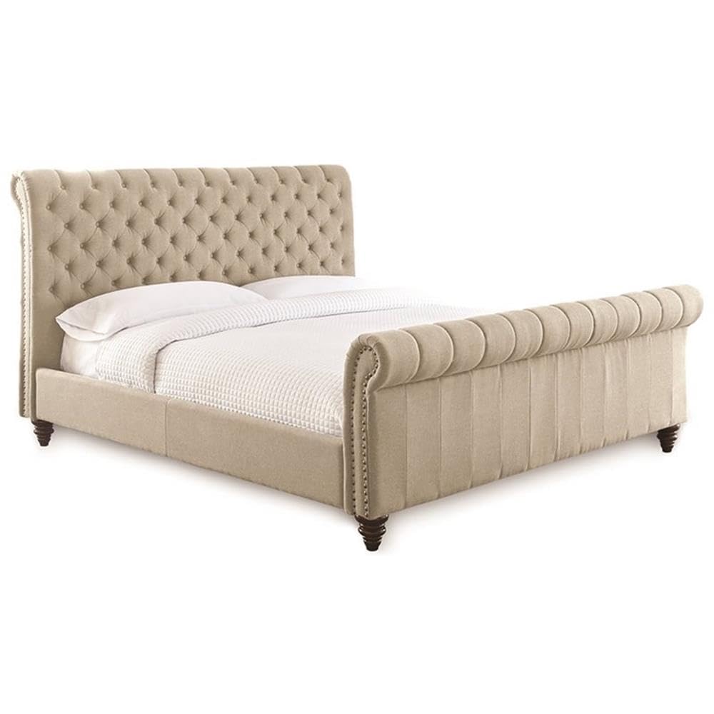 Steve Silver Swanson Tufted King Sleigh Bed in Sand Beige Upholstery