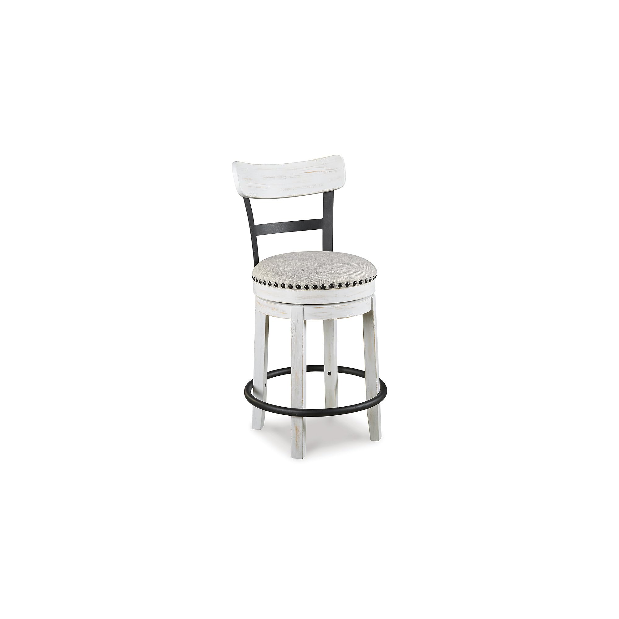 Signature Design by Ashley Valebeck | Modern Swivel 24.5 Counter Height Barstool - Rustic-Industrial Whitewash, Upholstered Cush