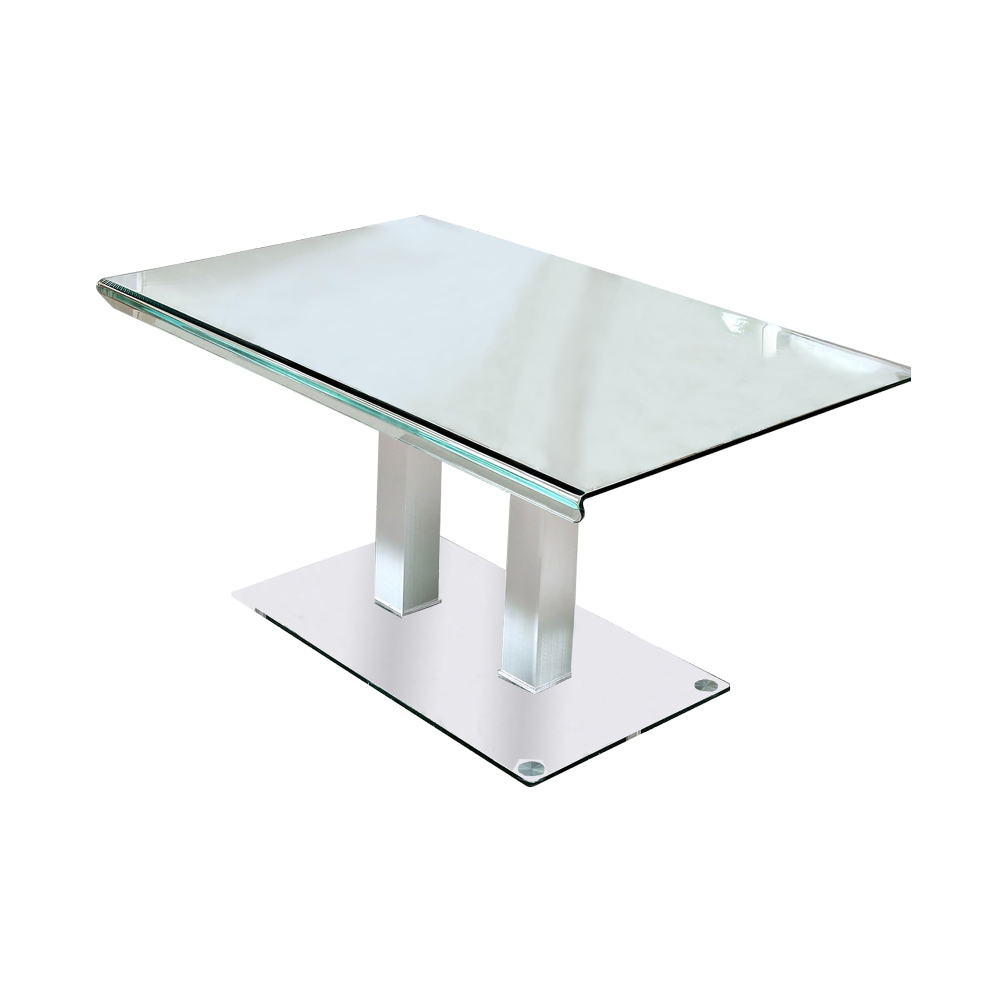 Benjara Metal and Glass Dining Table with Dual Post Pedestal Base, Chrome
