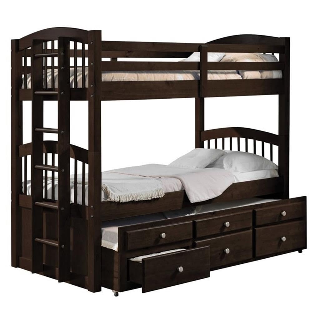 Acme Micah Wooden Frame Twin Over Twin Storage Bunk Bed with Trundle in Espresso