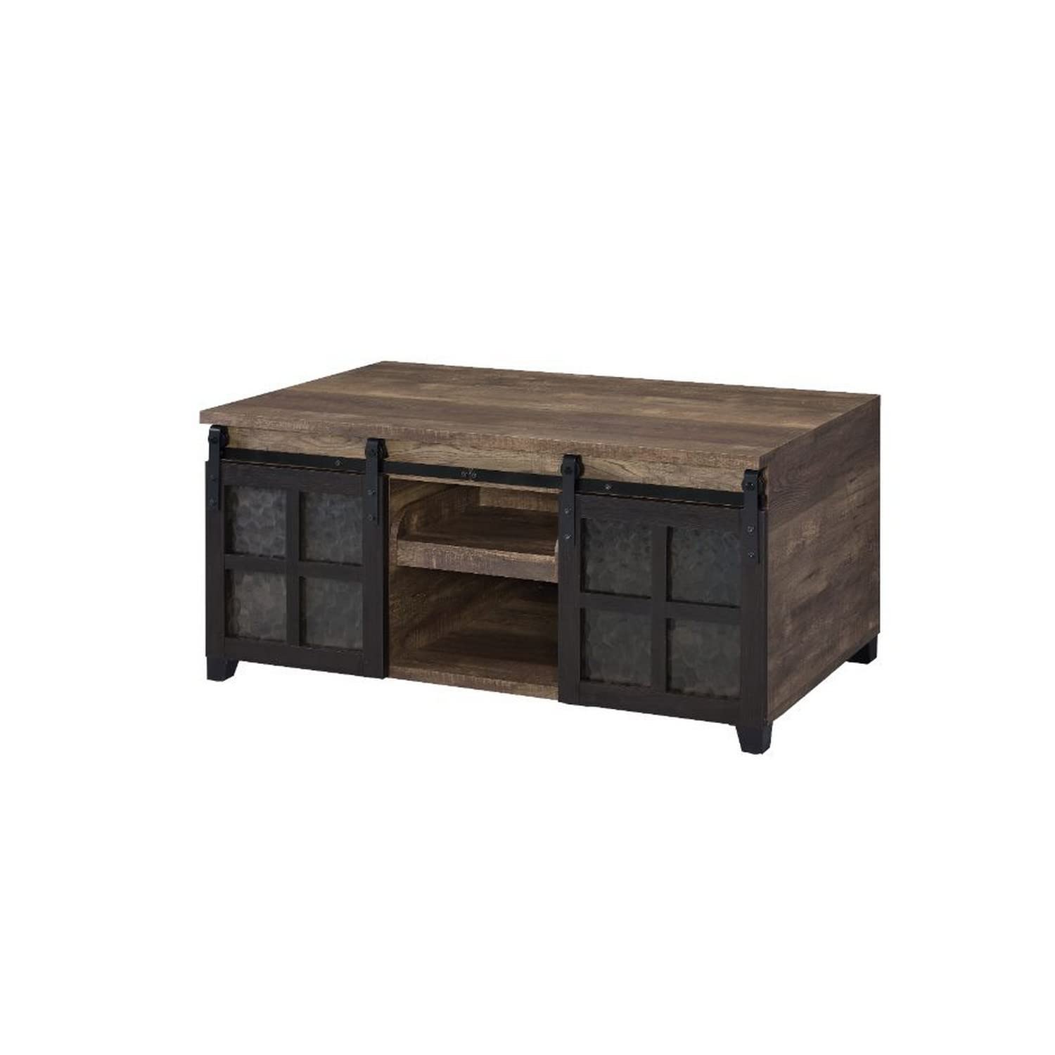 Benjara Coffee Table with 2 Barn Sliding Glass Doors and Pull Out Tray, Brown