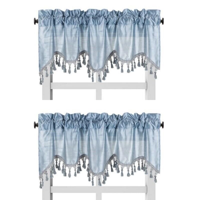 Solid Faux Silk Swag Waterfall Cascade Ascot Window Curtain Valance w/Tassels Trim 55  x18  Wave (2, Slate Blue)