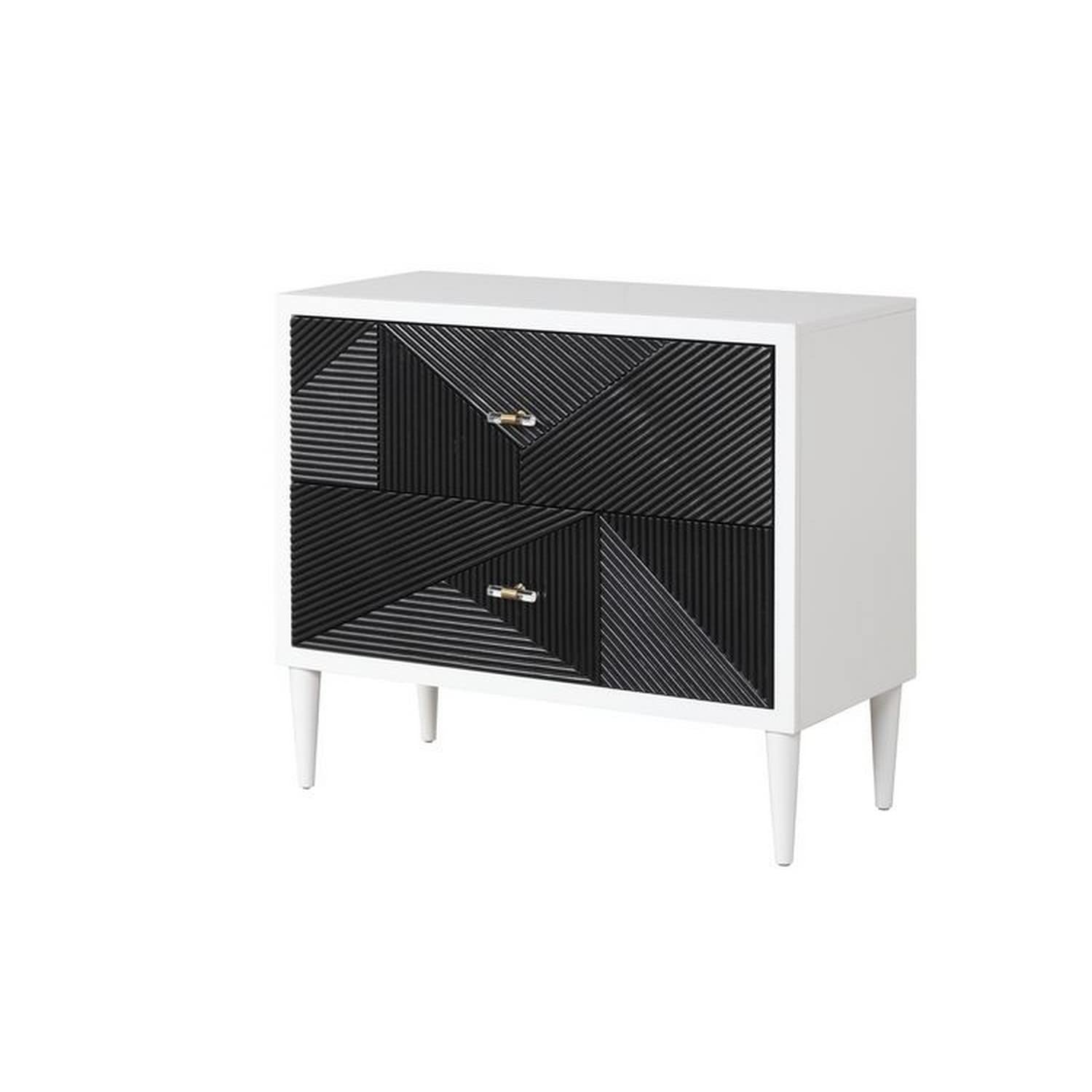 Benjara Accent Table with Geometric Pattern 2 Drawer Front, White and Black