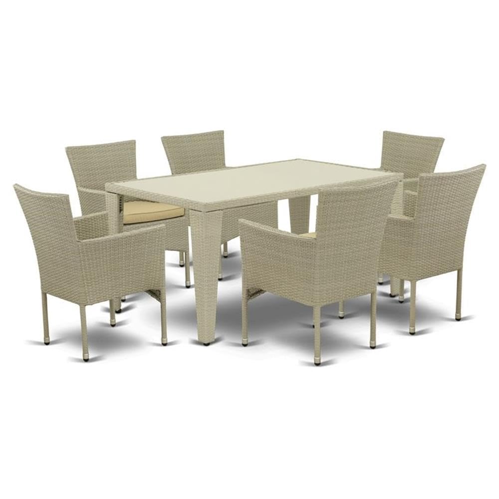 East West Furniture GUBK7-03A 7 Piece Outdoor Patio Conversation Sets Consist of a Rectangle Wicker Dining Table with Glass Top 